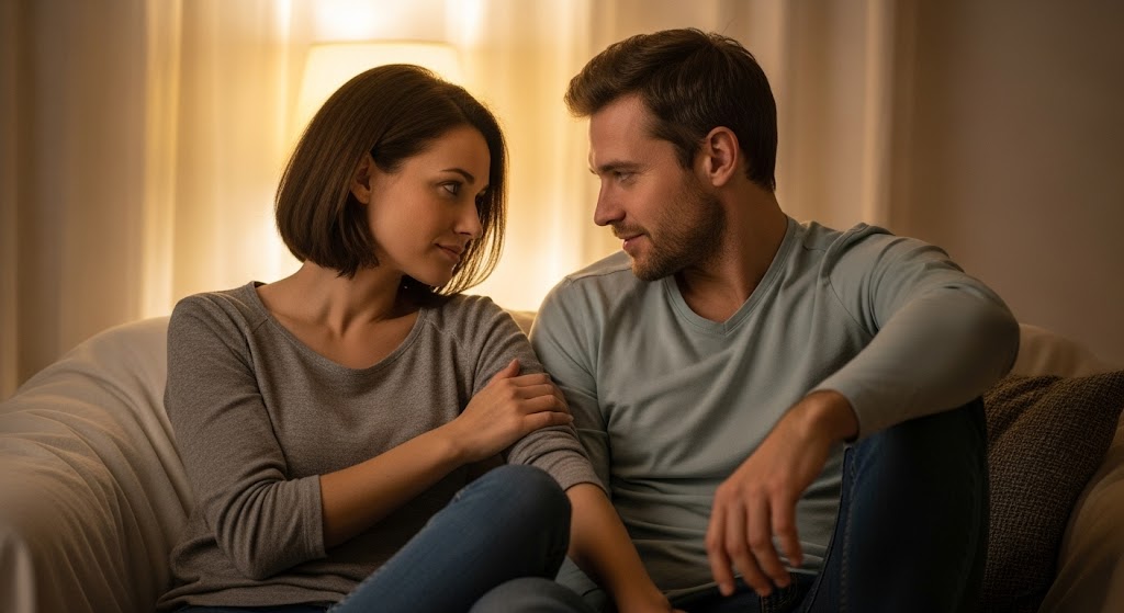 Couple talking openly about skin discomfort