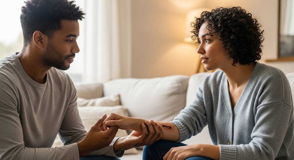 Partner offering comfort after minor burn