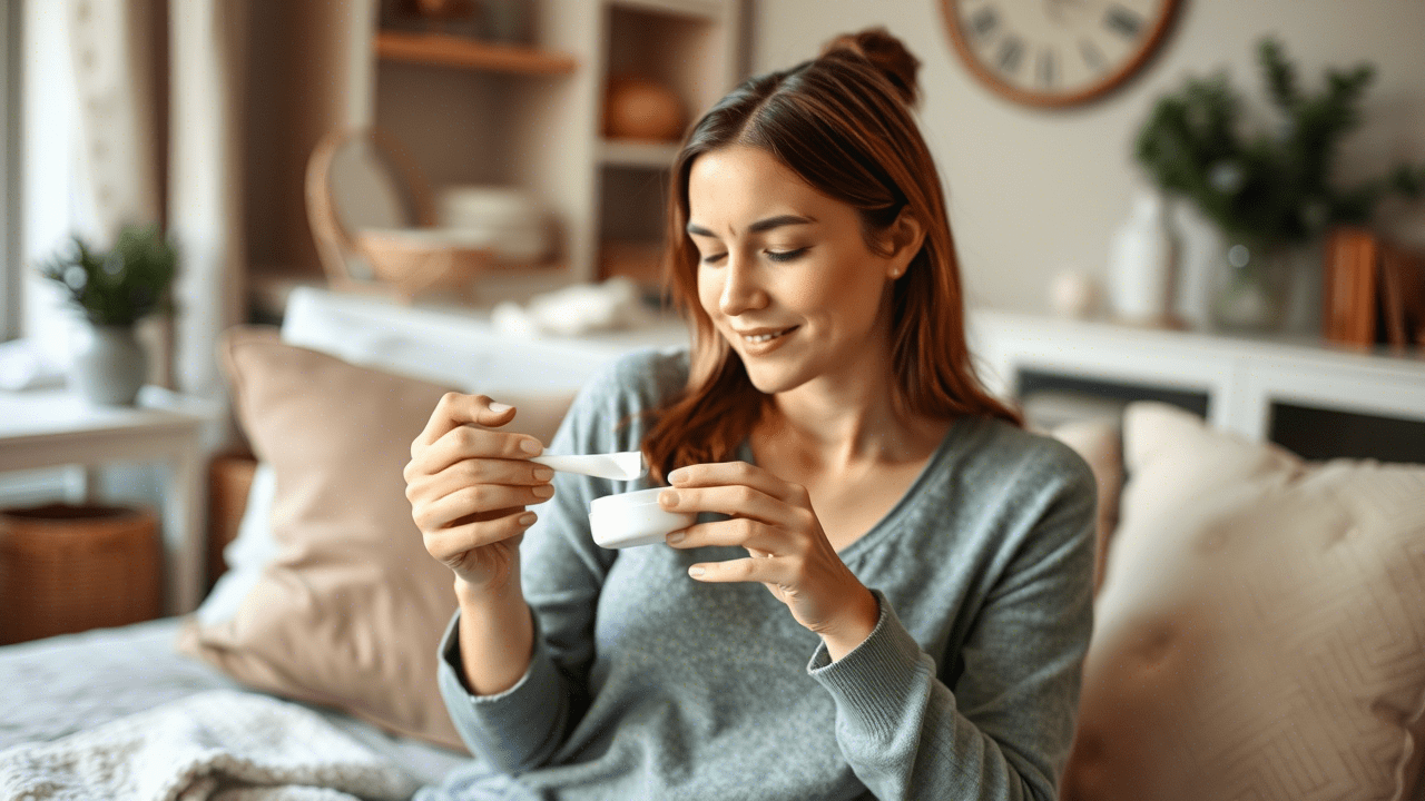 A person applying a soothing cream for hemorrhoid relief in a home setting