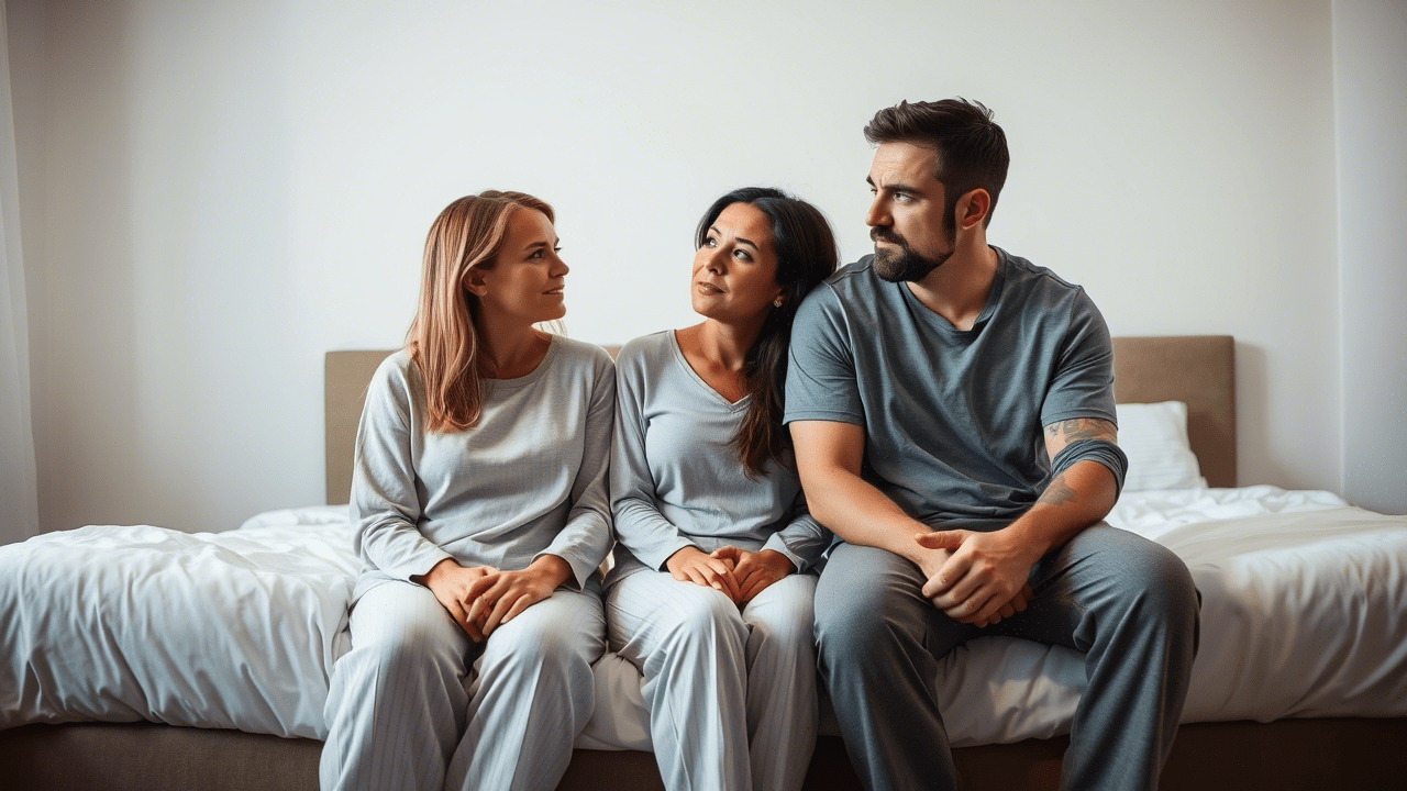 Couple discussing intimacy while dealing with external hemorrhoids in a bedroom setting.