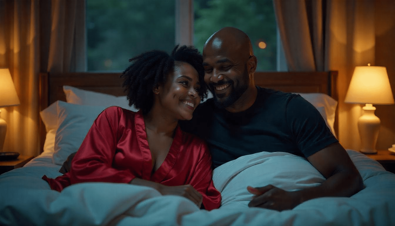 Happy couple enjoying a close moment in the bedroom, representing improved confidence and intimacy from Botox
