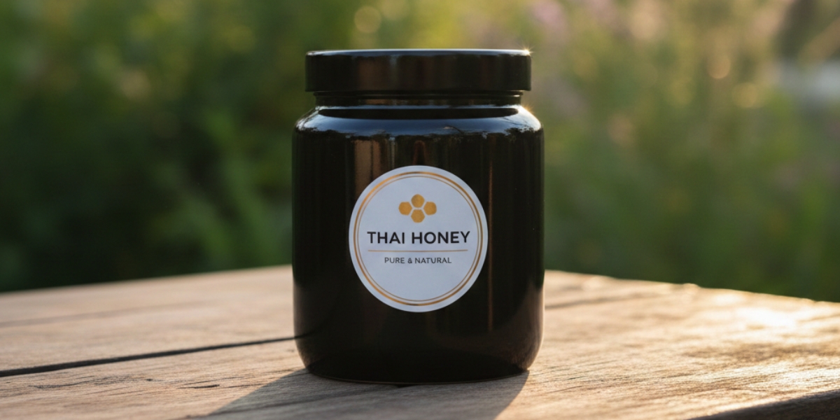 Black Thai Honey jar on table