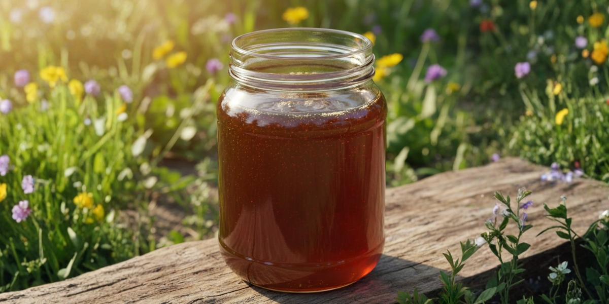 Dark honey in glass jar close-up