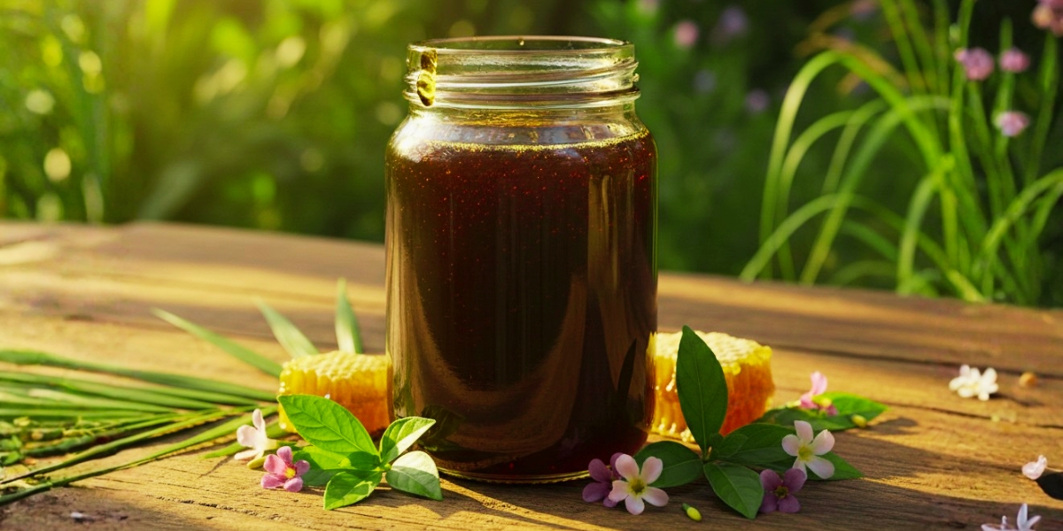 black thai honey in glass jar