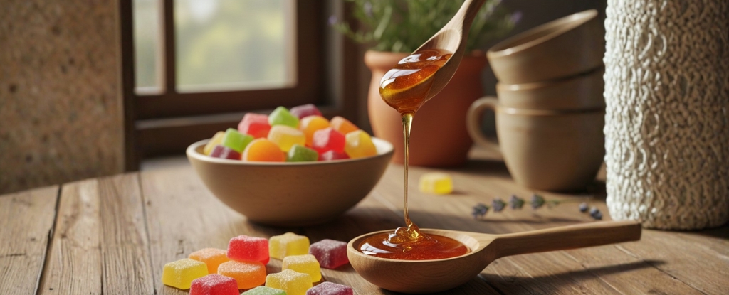 honey spoon and vitamin gummies