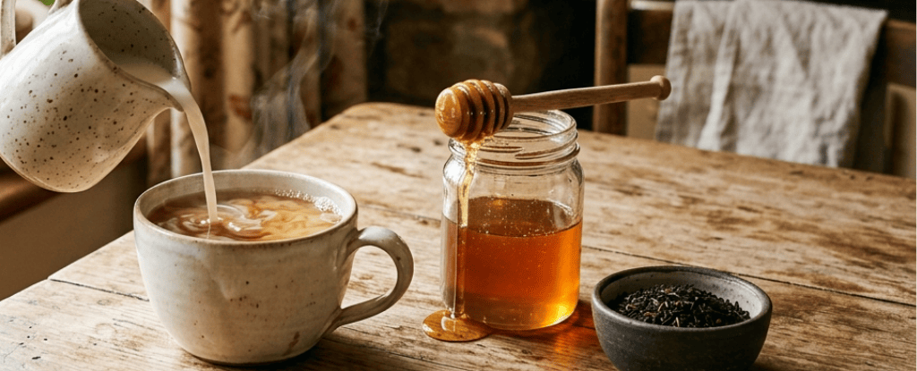 Black tea with milk and honey ingredients