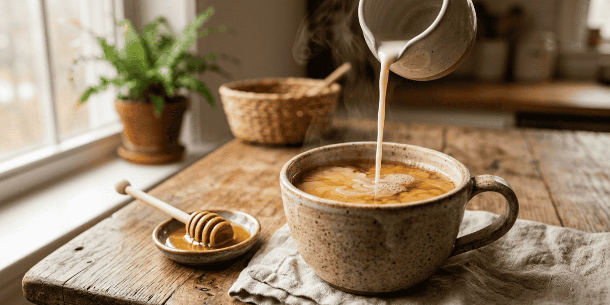 Honey milk black tea in a ceramic mug