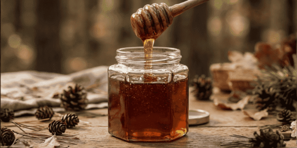 black forest honey glass jar close up