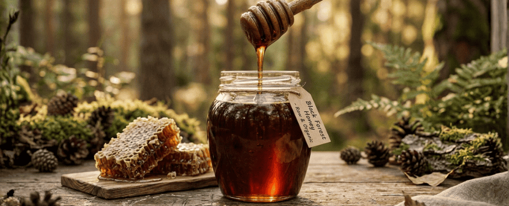 black forest honey jar wooden table