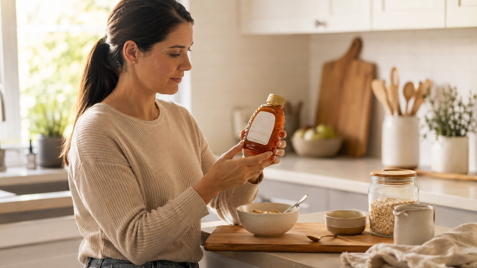Adult checking a honey label beside a bowl and spoon in a family kitchen