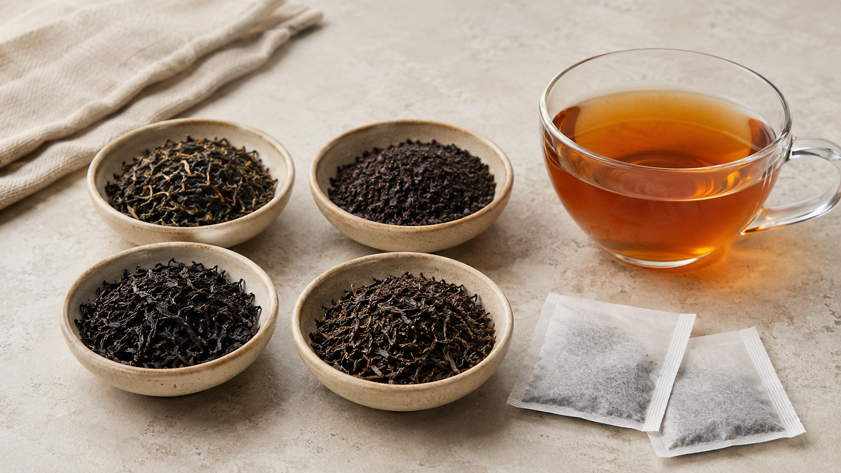 Black tea leaves, tea bags, and an amber cup arranged for blend comparison
