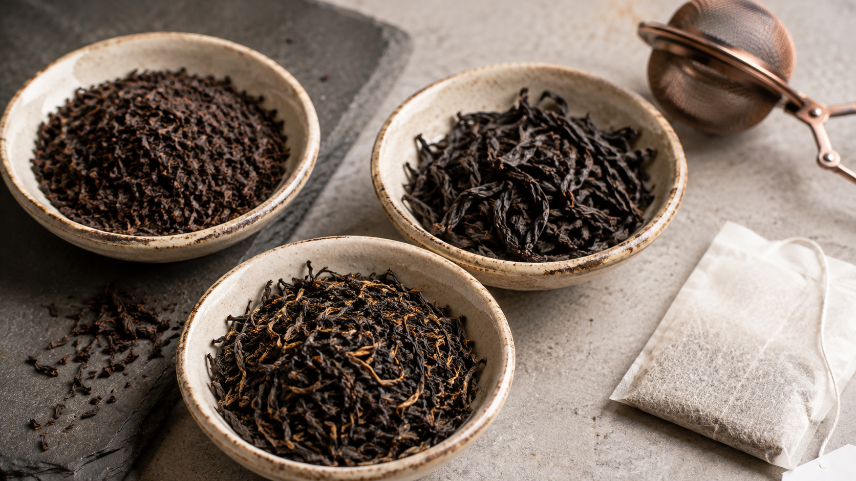 Close-up of black tea leaves with different textures beside a plain tea bag