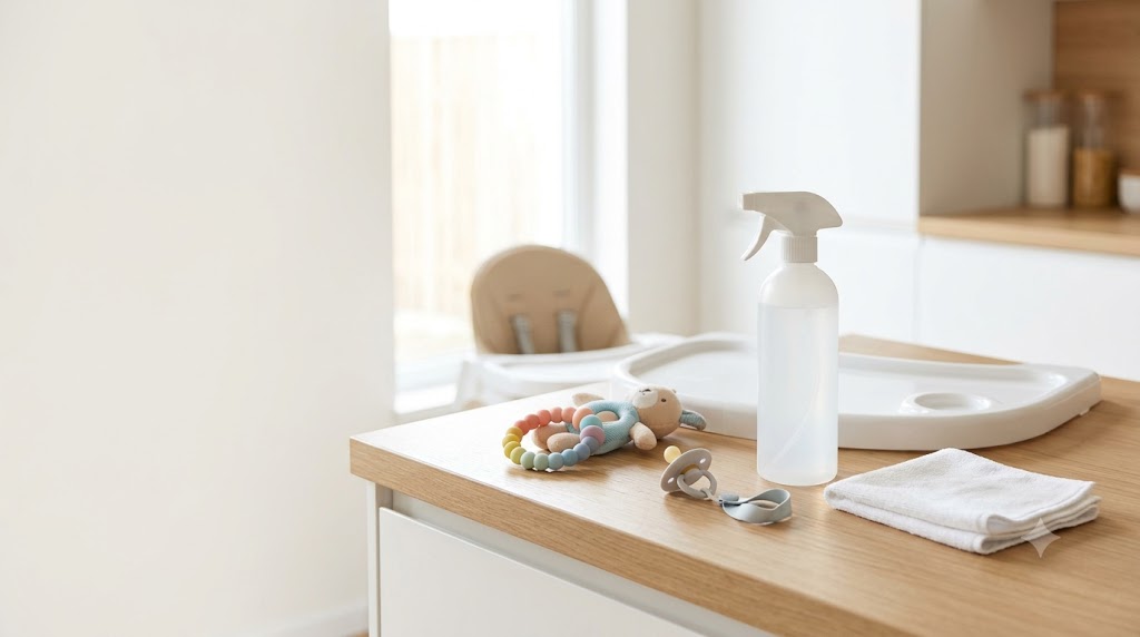 Caregiver comparing surface sprays beside a highchair, toys, pacifier, and sippy cup