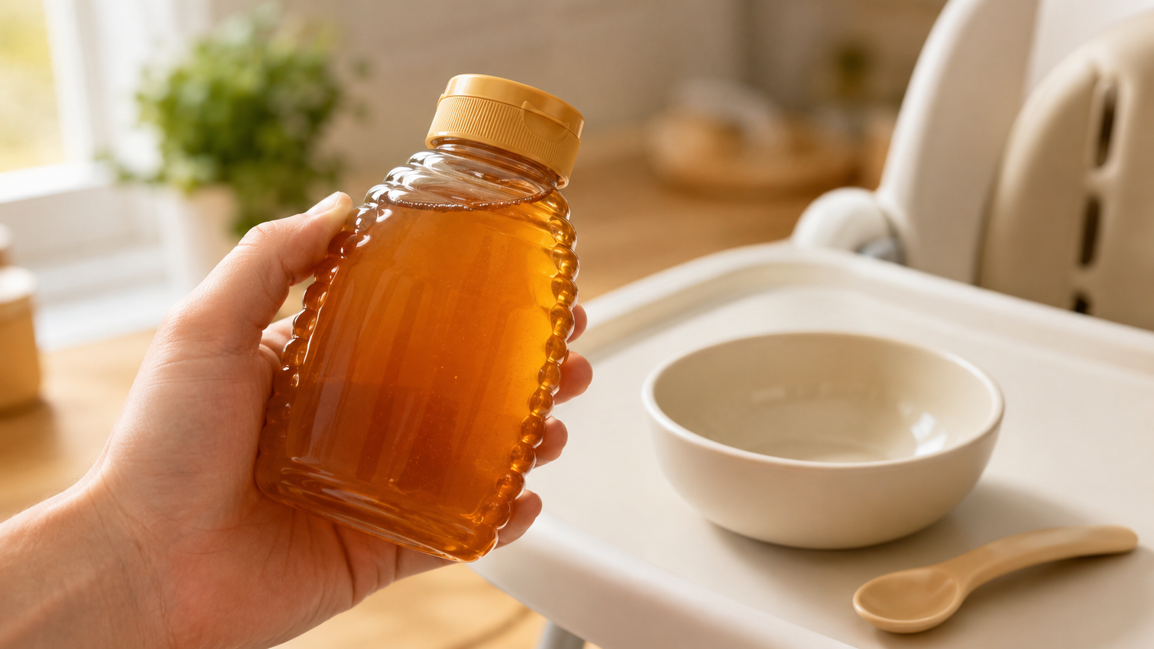 Caregiver reviewing a honey bottle beside toddler feeding items