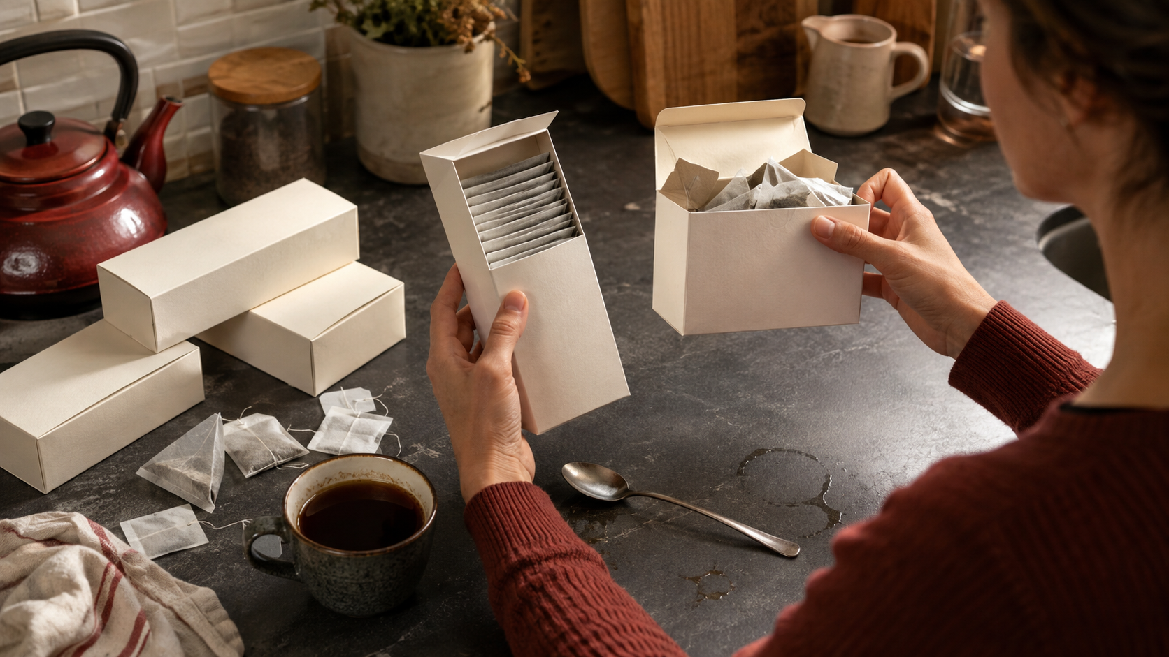 Tea packages, loose bags, and an over-steeped cup showing common buying mistakes