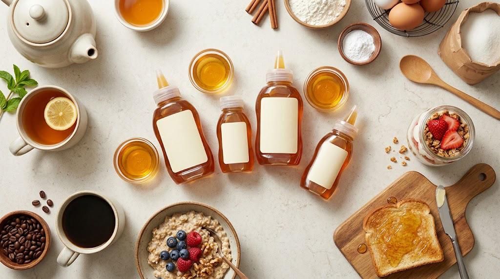 Different honey bottle sizes displayed with tea, oatmeal, yogurt, toast, and baking ingredients