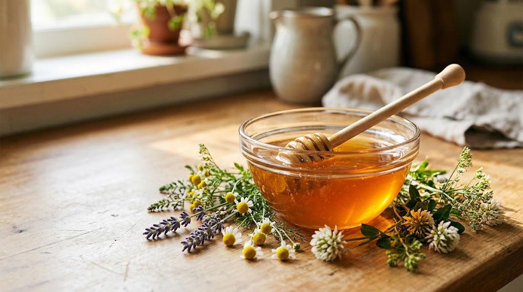 Golden honey beside wildflowers and a blank ingredient label card