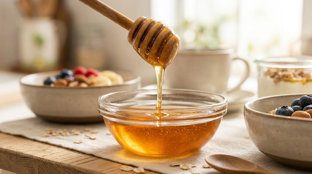 Close-up of golden honey flowing from a wooden dipper into a glass bowl