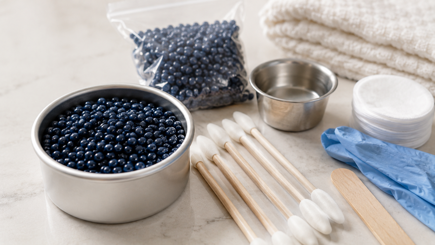 Close-up of hard wax beads and unbranded nose waxing applicators on a clean surface