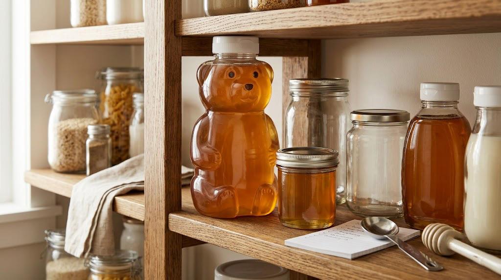 Different honey container sizes being compared for pantry storage