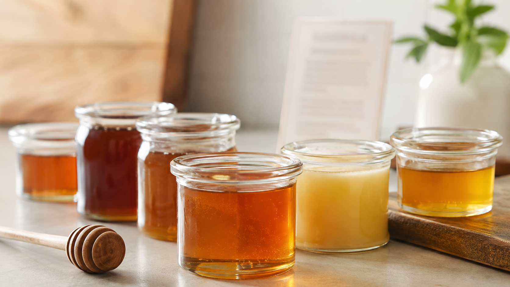 Several honey samples in clear containers on a clean kitchen surface