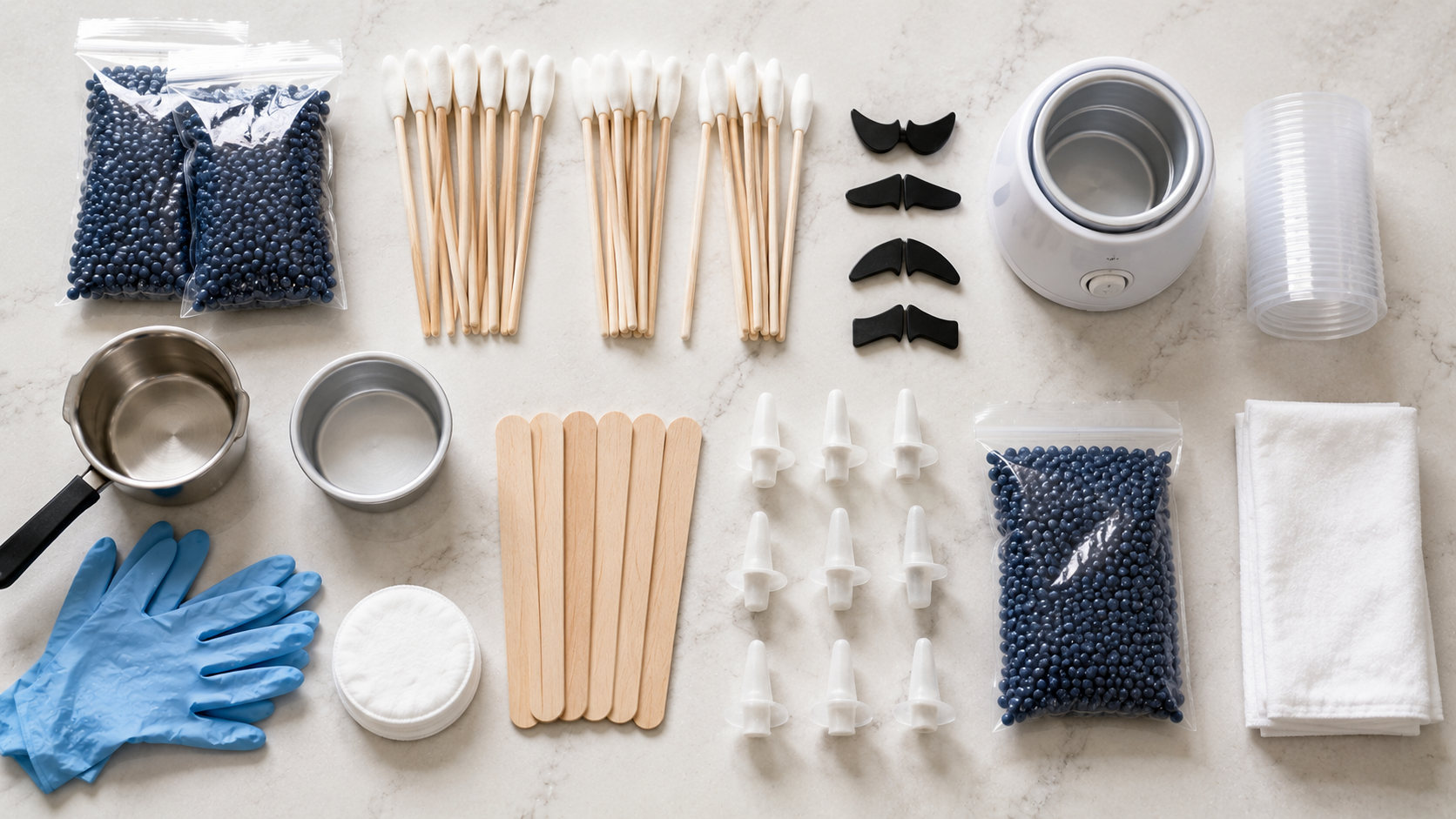 Generic nose wax kit components arranged to compare applicators, heating methods, and accessories