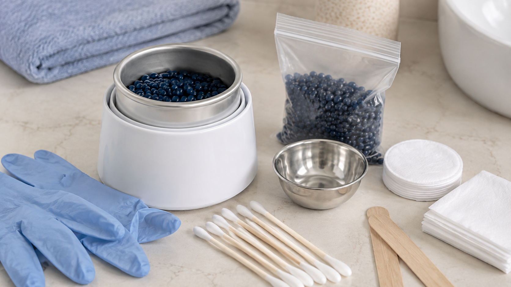 Hard wax beads, applicator, cup, and grooming accessories arranged for nose waxing