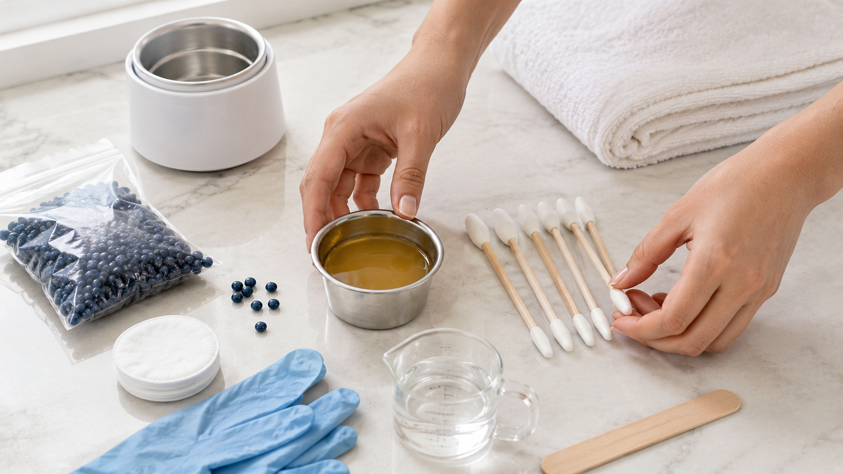 Nose wax preparation setup with melted wax, applicators, measuring cup, and wax beads