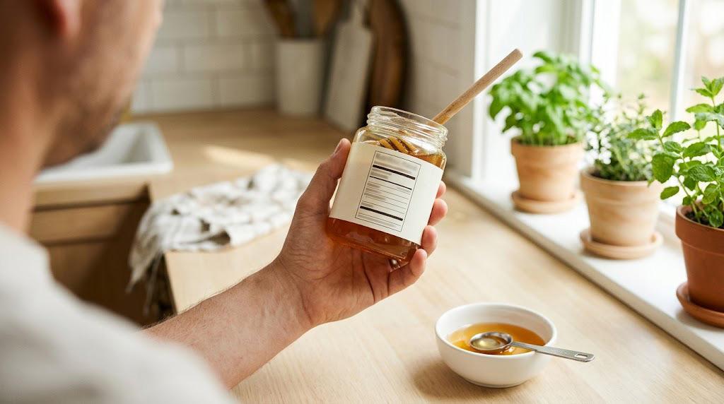 Person checking a honey label beside a measuring spoon and small bowl