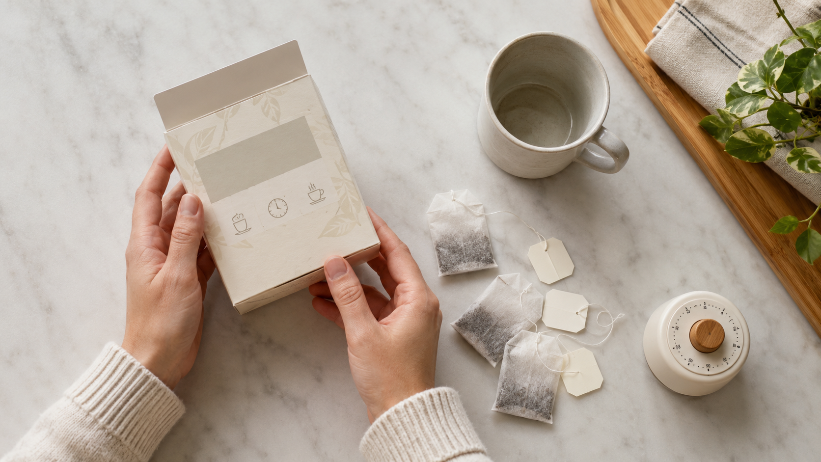 Hands reviewing a tea package beside tea bags, a mug, and a kitchen timer