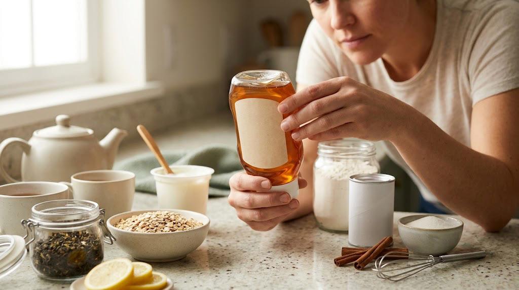 Person reviewing a honey bottle label beside tea, oatmeal, yogurt, and baking ingredients