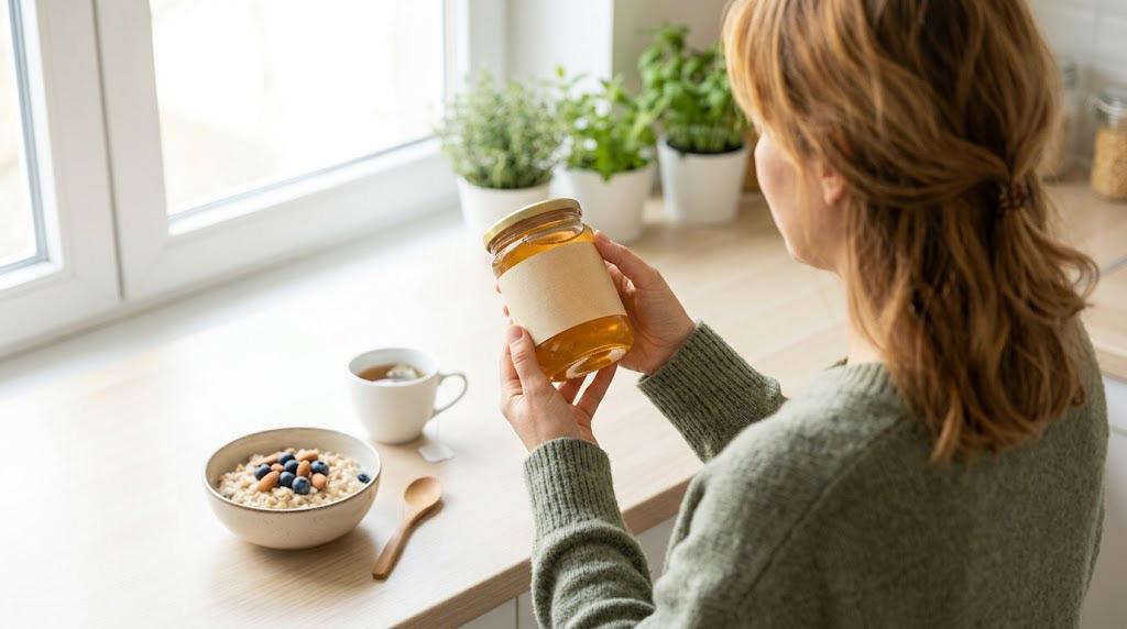 Person reviewing an unbranded honey label beside tea and oatmeal