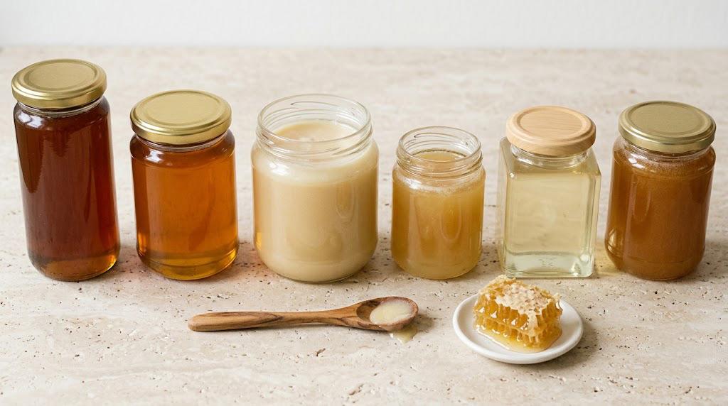 Shopper comparing unbranded honey jars and squeeze bottles before buying