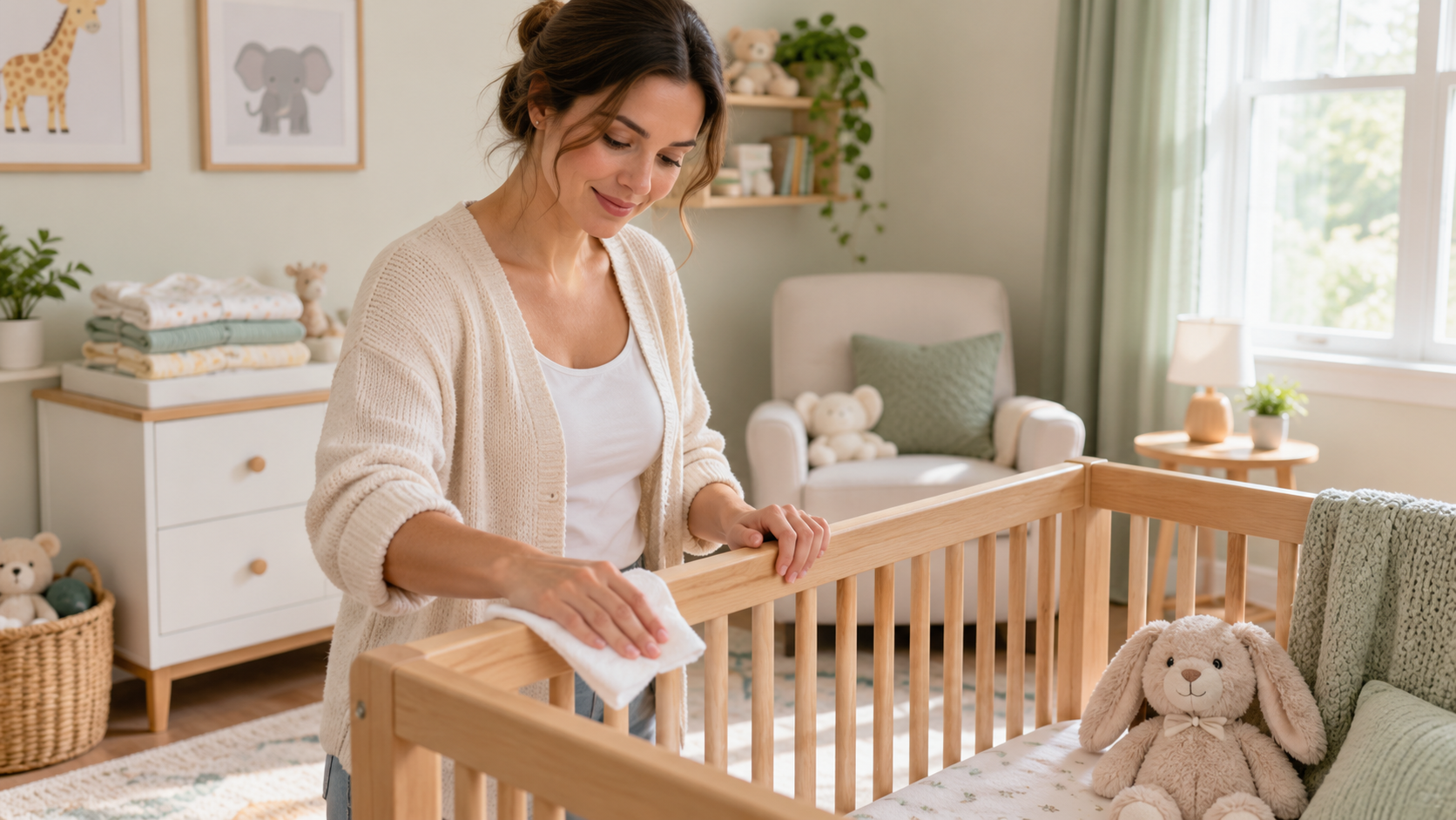 Mother wiping a wooden crib rail
