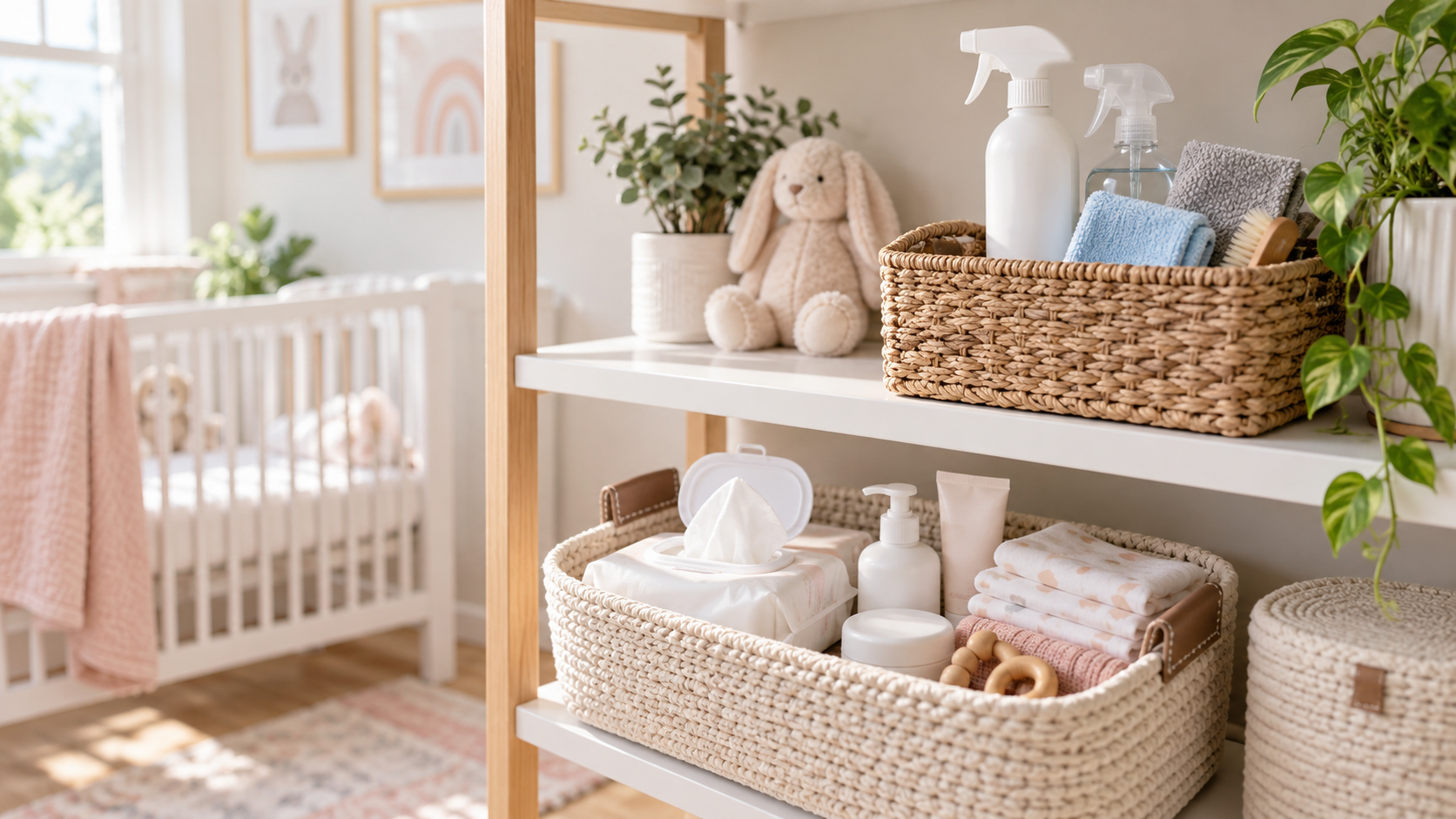 Nursery shelf separating wipes from cleaners