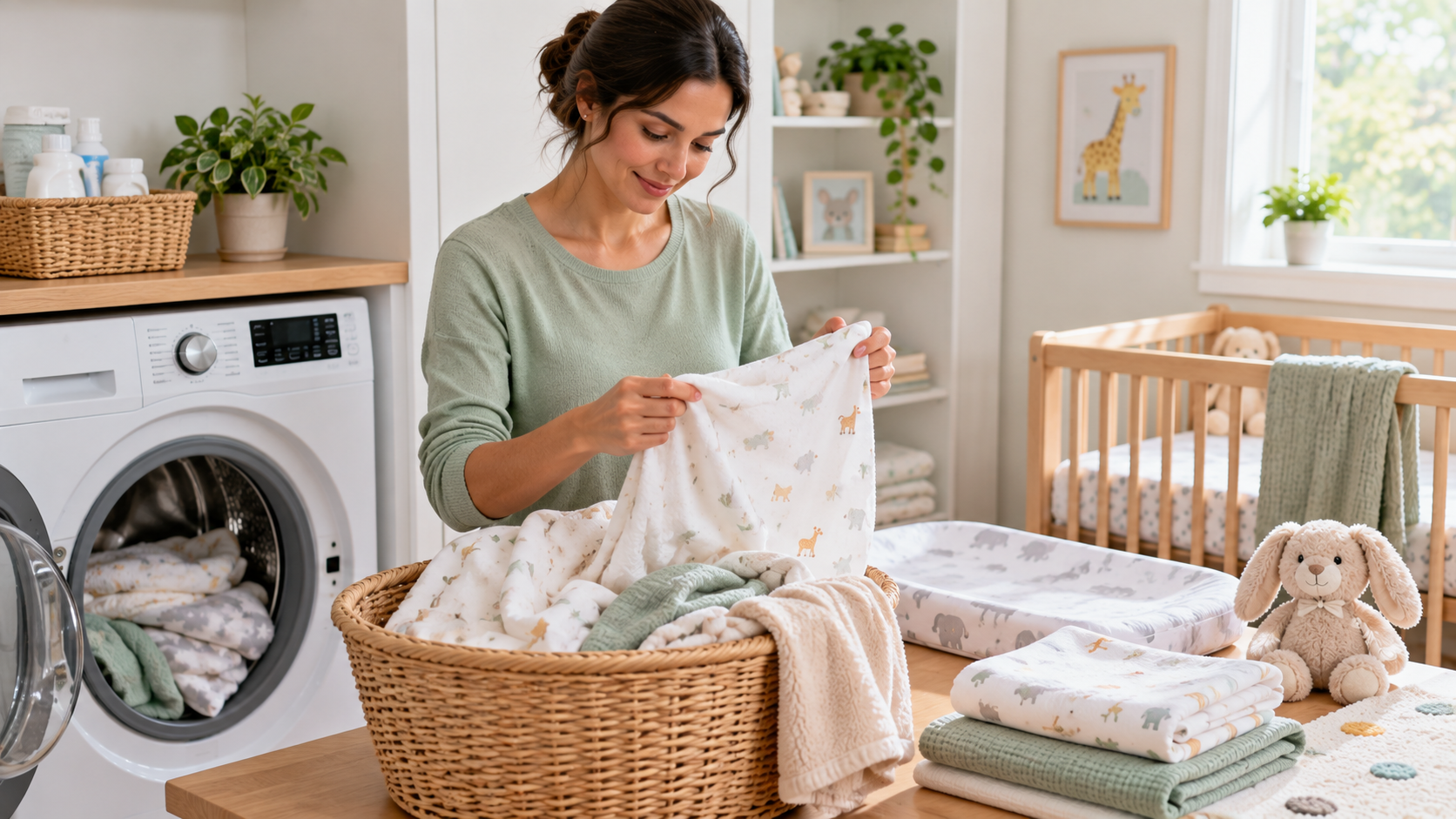 Parent cleaning nursery room surfaces
