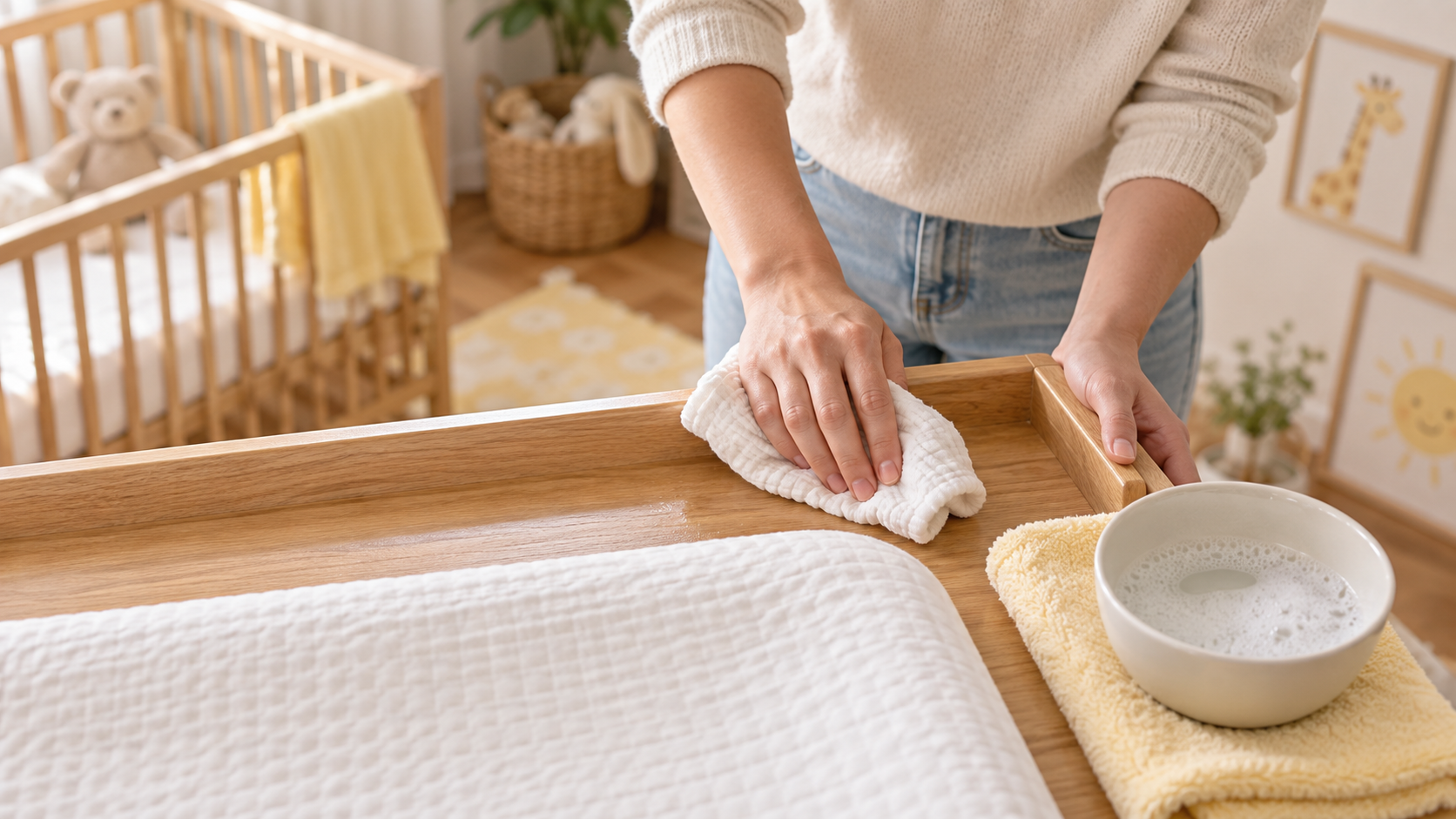 Wiping down a nursery changing table surface